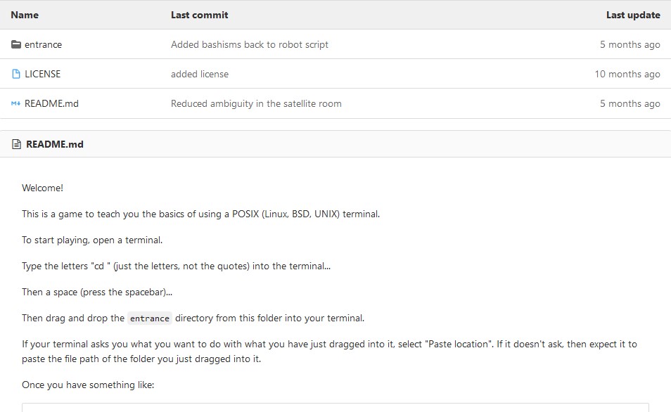 Bashcrawl Instructions Screen Shot