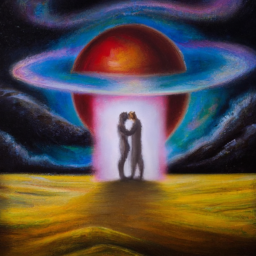 Surrealist painting of man and a woman embracing in an intergalactic landscape during a quantum event.