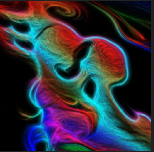Generate an abstract painting of a man and a woman embracing each other in a quantum event.