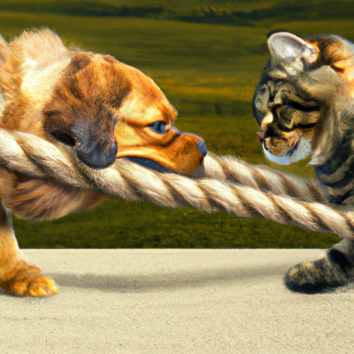 A photorealistic painting of a cat and a golden retriever pulling tightly and angrily and exhaustively on the opposite ends of a big rope, UHD 8K