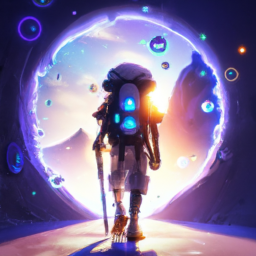 The video game character is carrying a backpack with supplies for his journey. As he steps through the portal, he is surrounded by a bright light. When the light fades, he finds himself in an interdimensional galaxy. There are stars and planets all around him, and coins. digital art trending on artstation, very very very very beautiful, by beeple