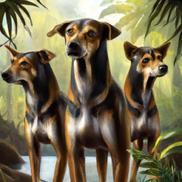 Photorealistic painting of three dogs in the jungle.