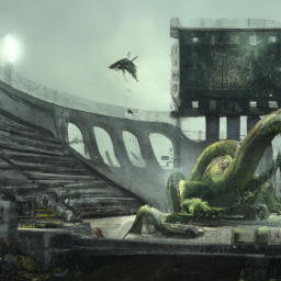 Monumental Old Ruins Stadium Of A Dark Urbanscape, Overcast, Sci Fi ,Post Apocalyptic with Huge greenish Dragons in foreground Digital Painting By Simon Stålenhag