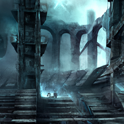 Surreal Gothic Ruins Stadium Of A Dark Urban Scene, Overcast, Sci Fi ,Post Apocalyptic, Zombies, Digital Painting By Dalle