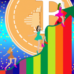 A graph about the price of bitcoin going to the moon.  The background is an abstraction of colorful girls, rainbows and money.