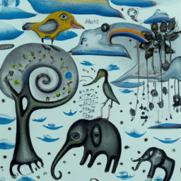 A surrealistic painting of Elephants, Monkeys, Birds, Trees, Water, Sky, Clouds, Rain, Wind.