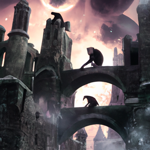 Gothic Ruins, A Dark Urban Scene, redish skies, Sci Fi ,Post Apocalyptic monkeys