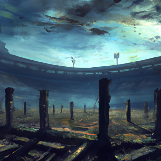 Surreal Gothic Ruins Stadium Of A Dark Urban Scene, Overcast, Sci Fi ,Post Apocalyptic, Zombies, Digital Painting By Dalle
