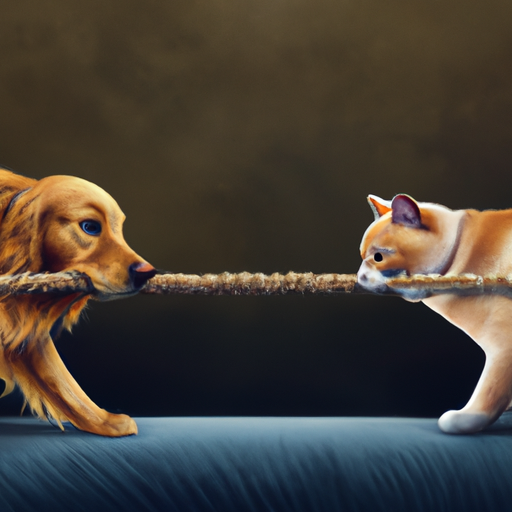 A photorealistic painting of a cat and a golden retriever pulling tightly on the opposite ends of a rope, UHD 8K