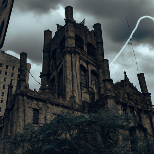 Surreal Gothic Ruins New York City, A Dark Urban Scene, Overcast skies, Sci Fi ,Post Apocalyptic, Zombies