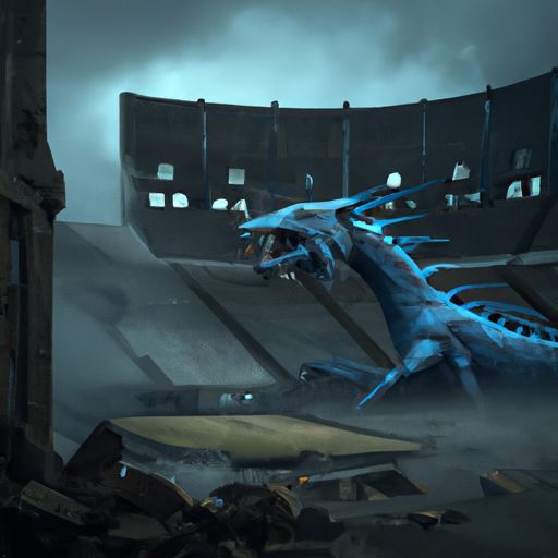Monumental Old Ruins Stadium Of A Dark Urbanscape, Overcast, Sci Fi ,Post Apocalyptic with a Huge muted blue color Dragon in foreground Digital Painting By Simon Stålenhag.  The head of the dragon should close to the middle of the photo, slightly right.